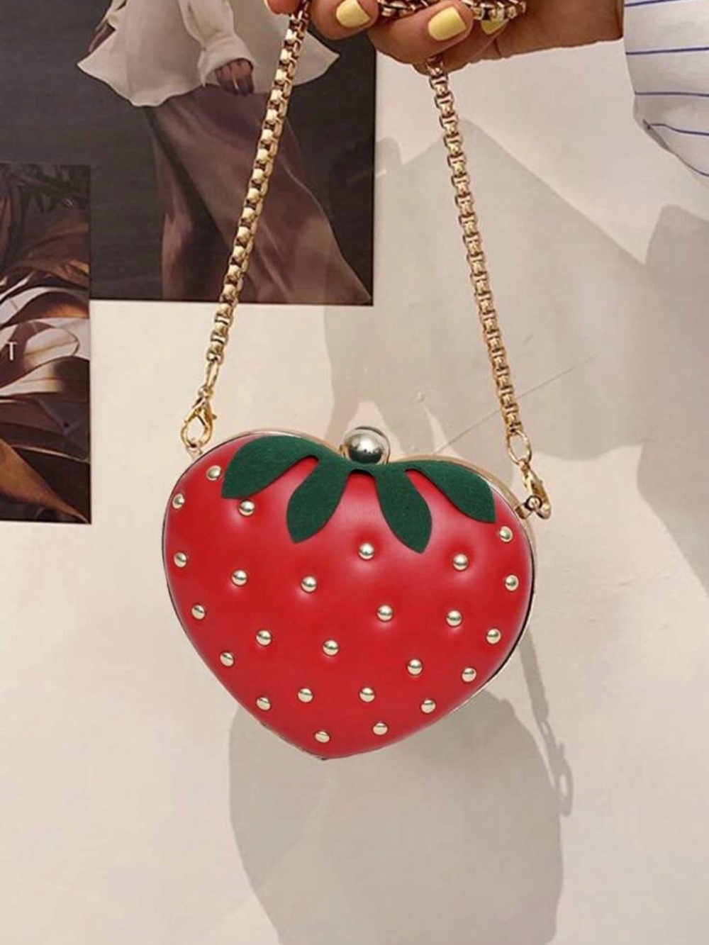 Strawberry Mini Heart Bag with Gold Chain - Red